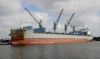 Side view of the cargo ship docked at a port, featuring three large cranes and a weathered hull.