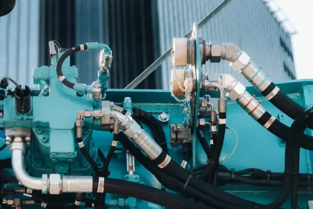 Close-up view of hydraulic hoses and connections on industrial equipment.