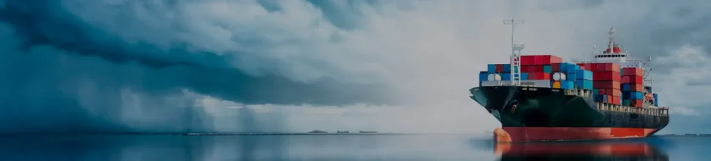 Container ship sailing on calm waters under a cloudy sky.